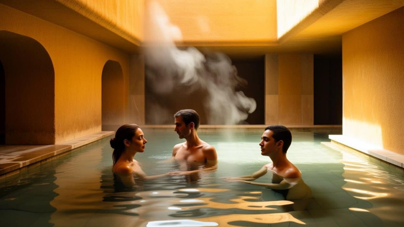 Three bathers soaking in the teal thermal pool beneath Riela Madrid golden hammam walls