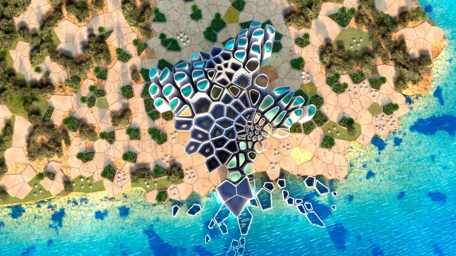 Aerial view of the coral-inspired architecture and turquoise pools at AMAALA