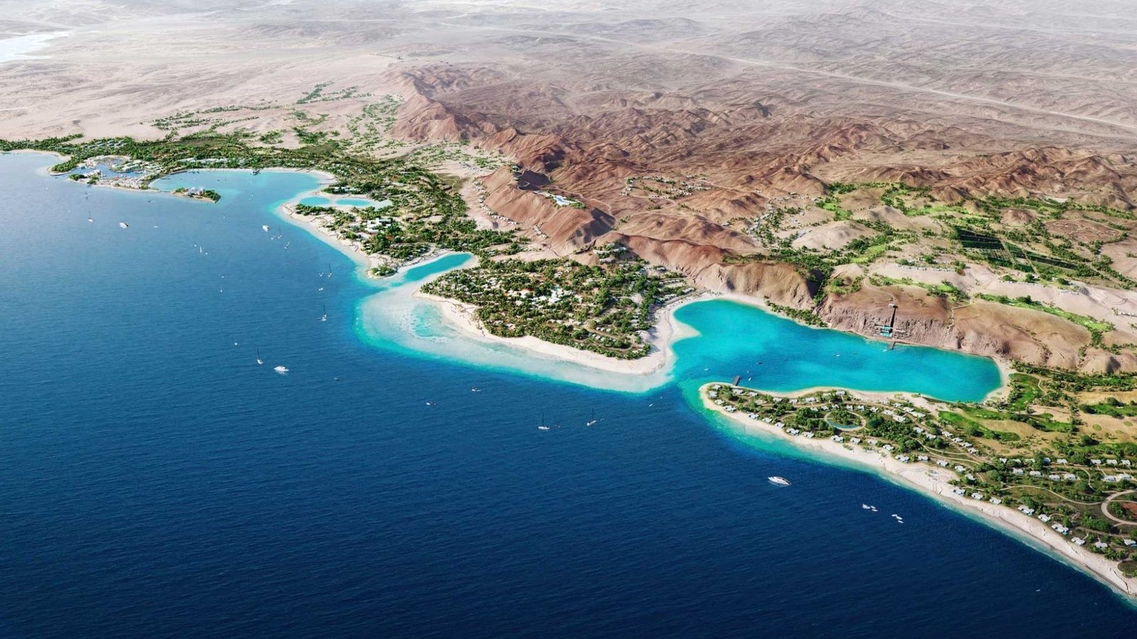 Aerial view of AMAALA coastline, beaches and turquoise lagoons between the Red Sea and mountains