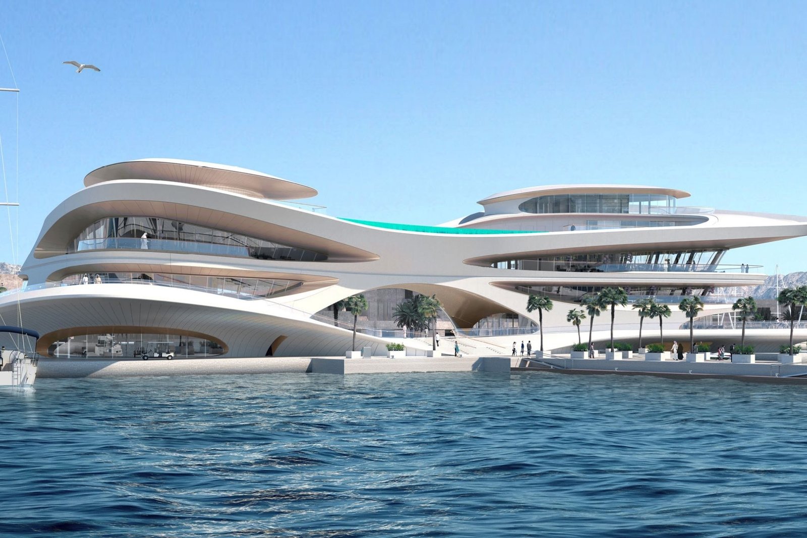 Sculptural waterfront pavilion at AMAALA with a rooftop infinity pool and sailboats