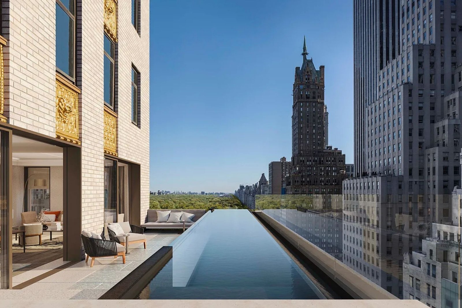 Architectural rendering of a luxury Manhattan rooftop terrace with a narrow infinity pool, lounge seating and an open living room behind a cream-brick facade with gilded panels, overlooking Central Park.