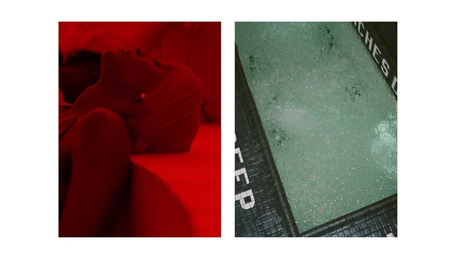 Two views inside The Altar: a member reclining in a red-lit recovery room beside an overhead shot of the green-teal cold plunge pool.