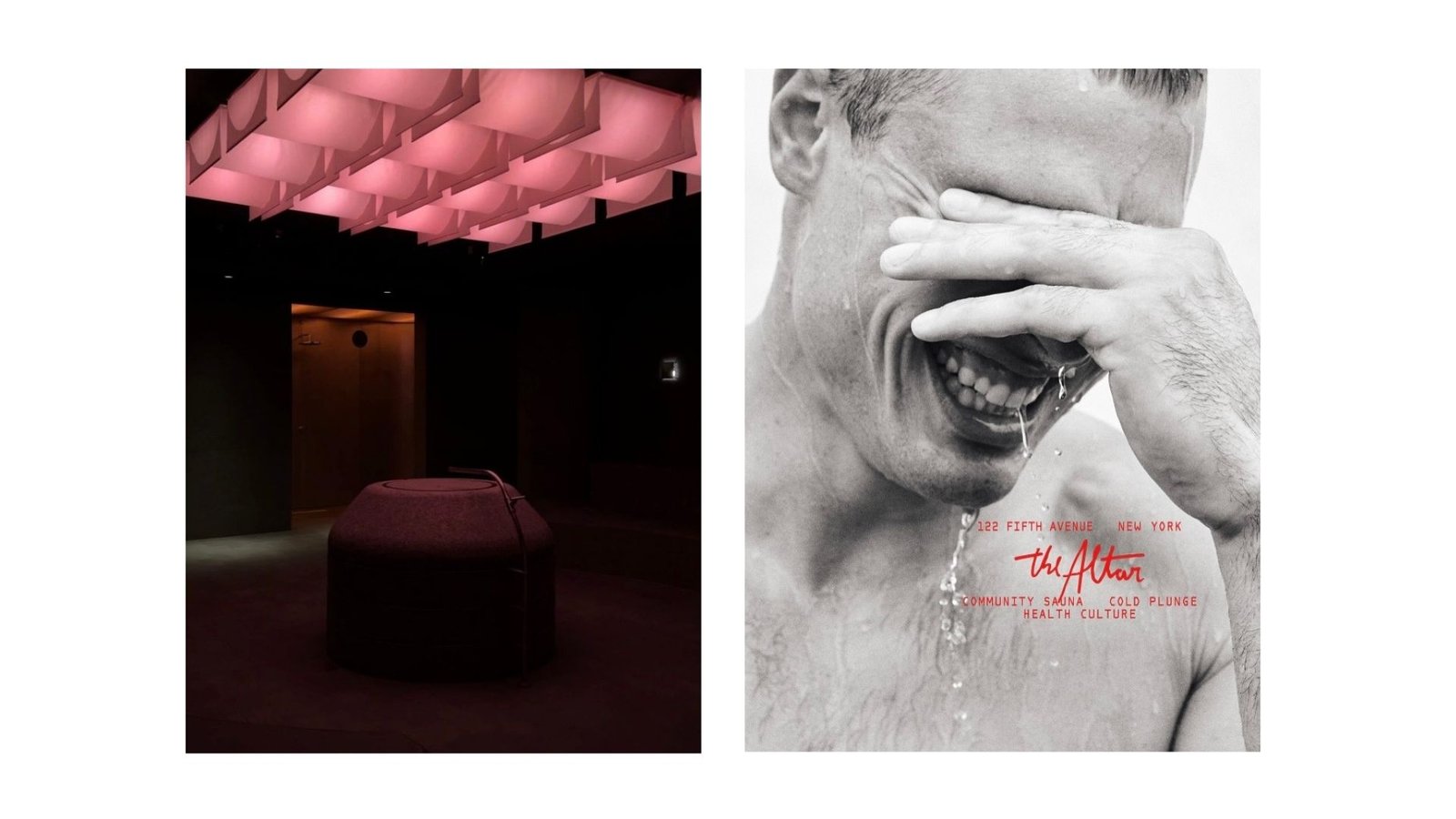 The Altar's brand poster at 122 Fifth Avenue, New York - 'Community Sauna, Cold Plunge, Health Culture' - a black-and-white cold-plunge portrait beside a pink-lit sauna interior.
