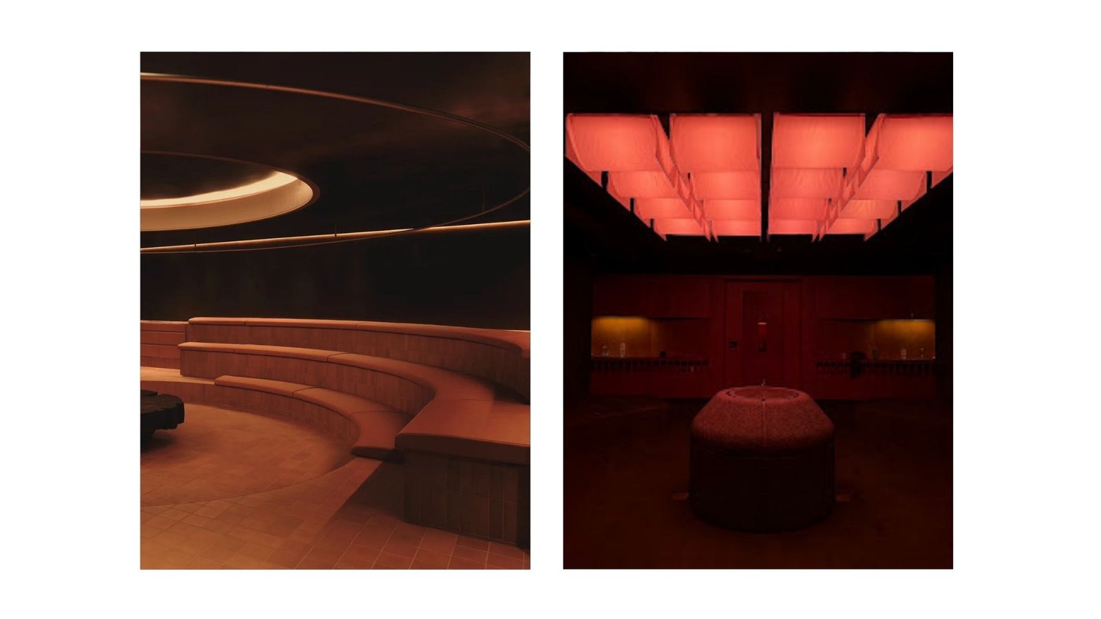The Altar's communal spaces: a sunken terracotta lounge with curved tiered seating around a glowing ring light, beside a red-lit room with glowing ceiling panels and a round ottoman.