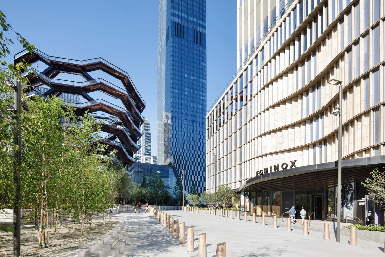 Equinox Hotel at 35 Hudson Yards above the public plaza, with the EQUINOX sign over the entrance