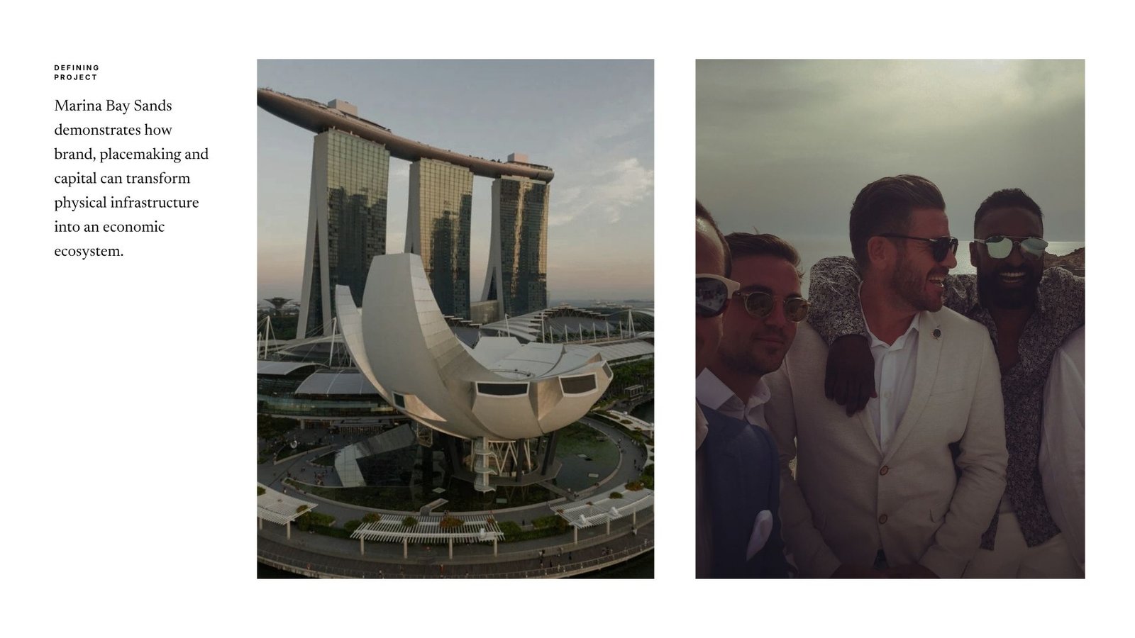 Edition Media 'Defining Project' spread: text states that Marina Bay Sands shows how brand, placemaking and capital can turn physical infrastructure into an economic ecosystem, above a dusk view of Marina Bay Sands with the ArtScience Museum and a candid photo of men celebrating outdoors.