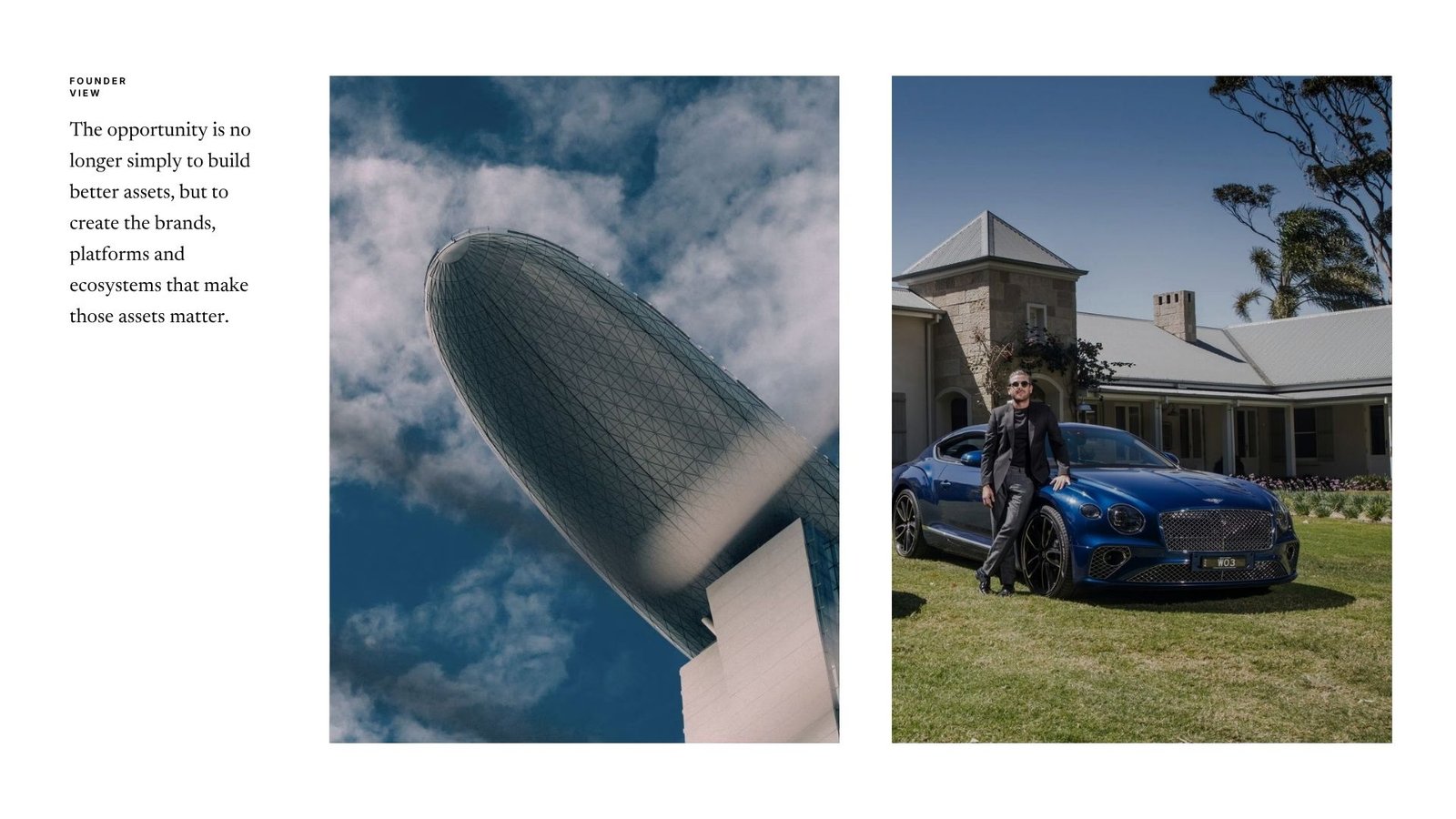 Edition Media 'Founder View' spread: a pull quote on building the brands, platforms and ecosystems that make assets matter, beside a low-angle geodesic lattice structure against blue sky and a man in black suit leaning on a blue Bentley at a grand stone mansion.
