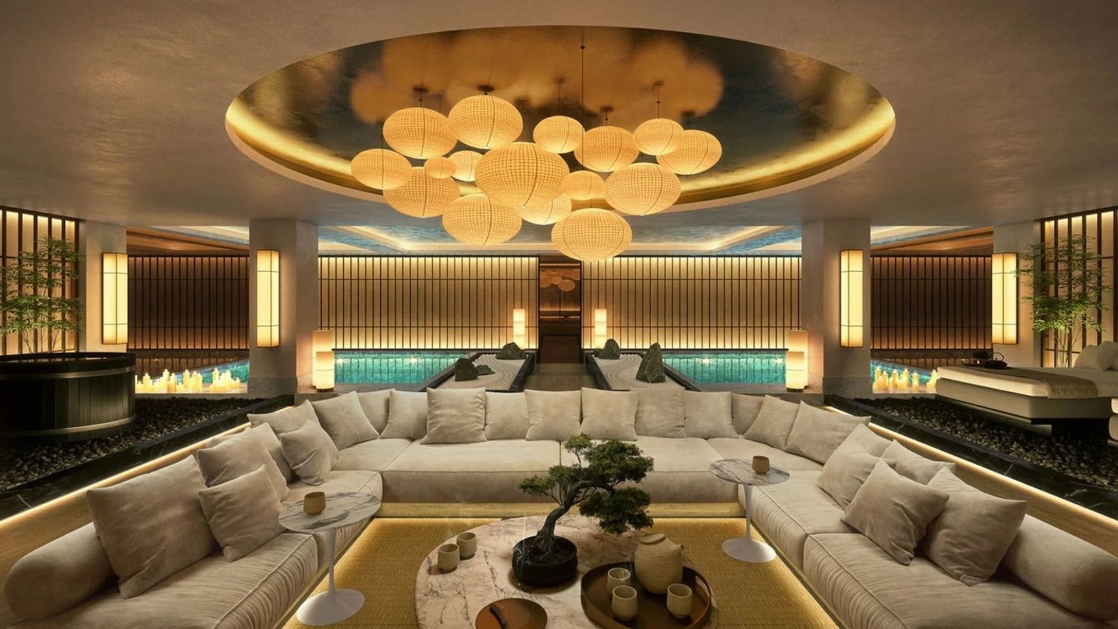Zen-inspired sunken lounge at Saint Haven with rattan lanterns and reflecting pools