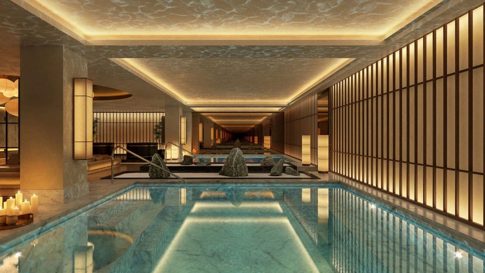 Japanese-inspired indoor thermal pool at Saint Haven with zen rock garden