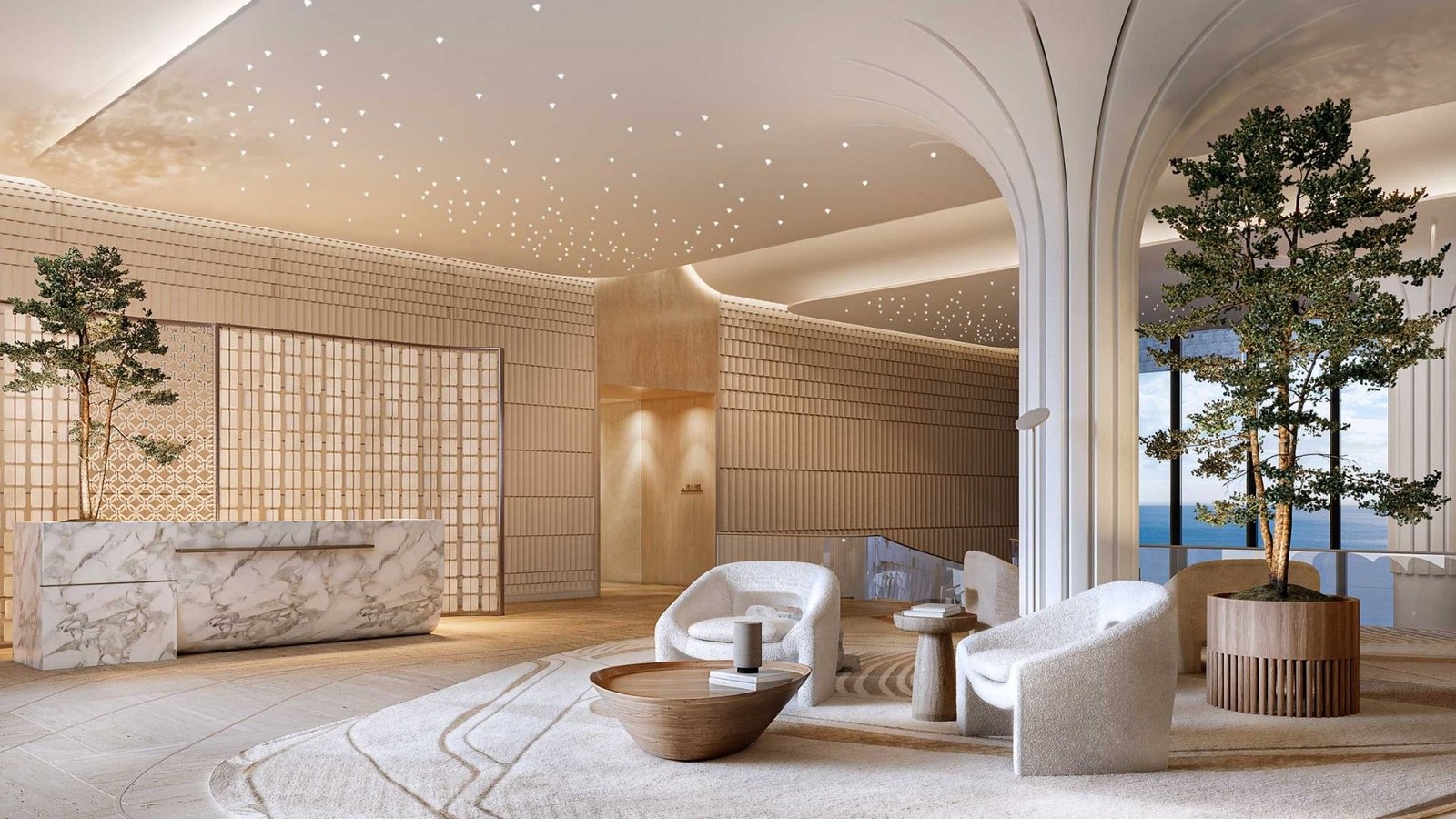 Arrival lounge at SHA Emirates with sculptural architecture and warm lighting