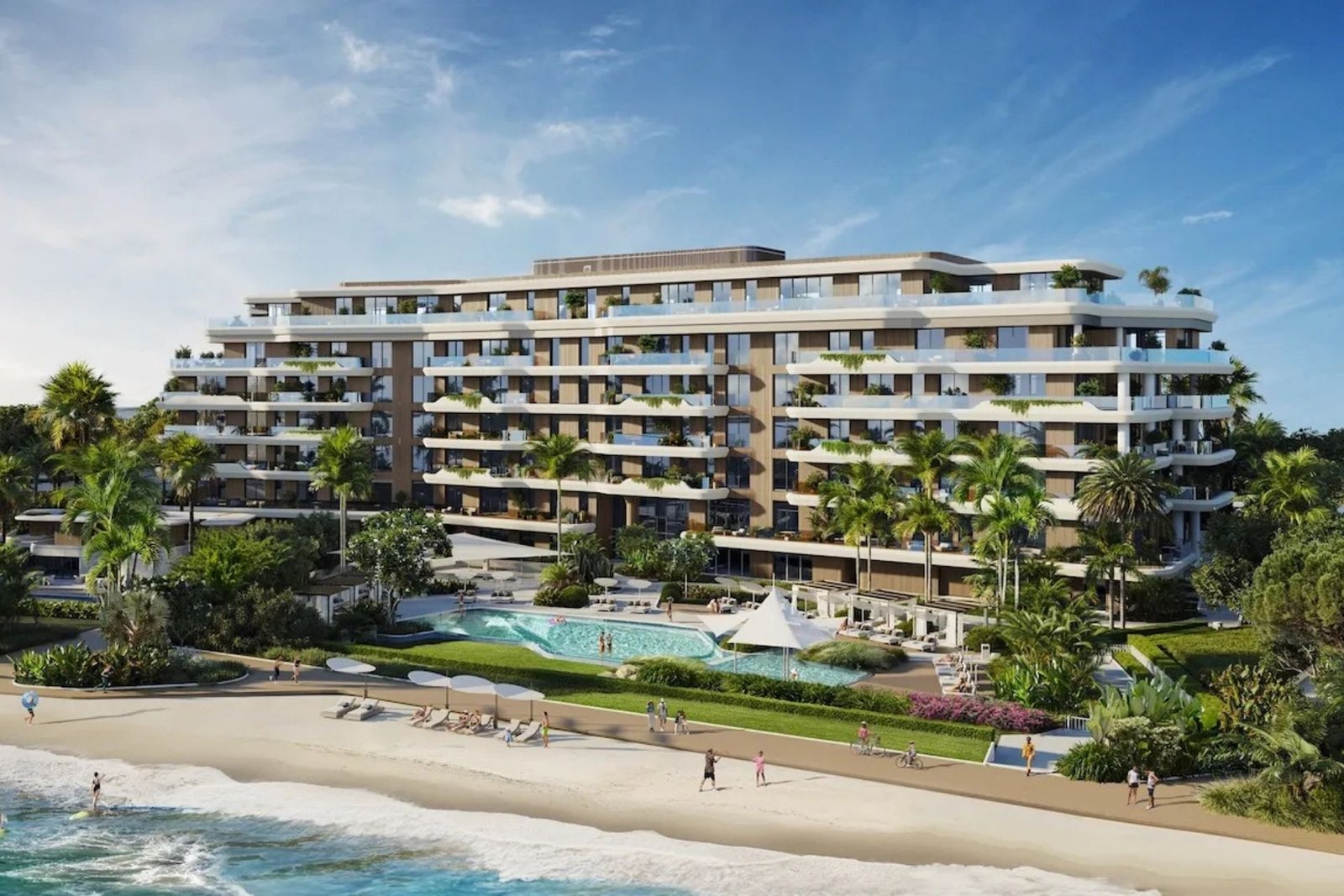 Beachfront architecture and lagoon pool at the SHA Emirates wellness development