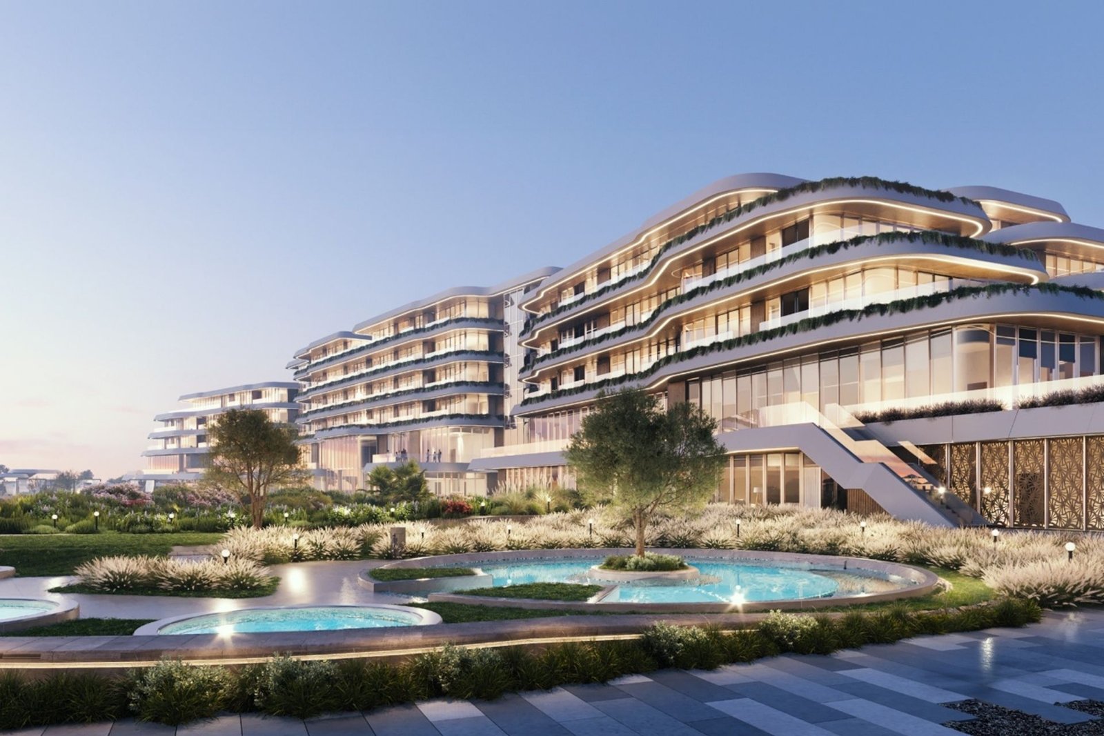 Twilight view of SHA Emirates exterior architecture