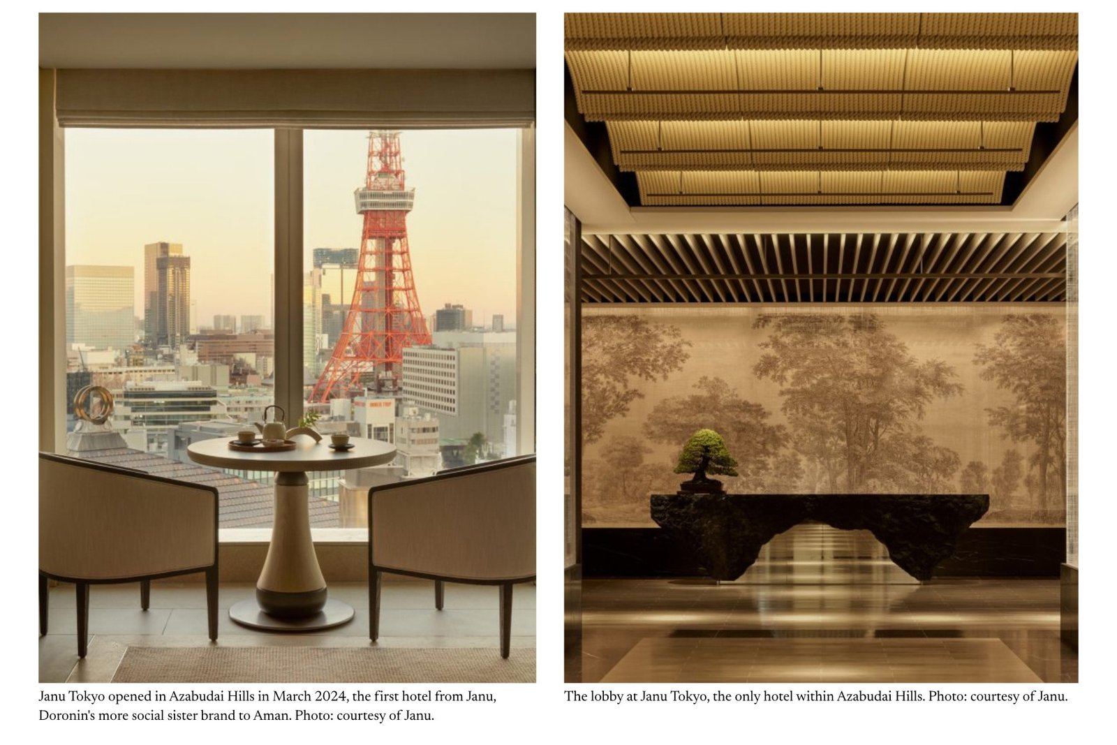Janu Tokyo Corner Suite facing Tokyo Tower, and the hotel lobby